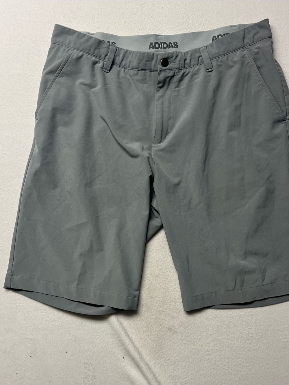 adidas Gray Solid Chino Shorts Flat Front Slash Pockets Button Logo 10"